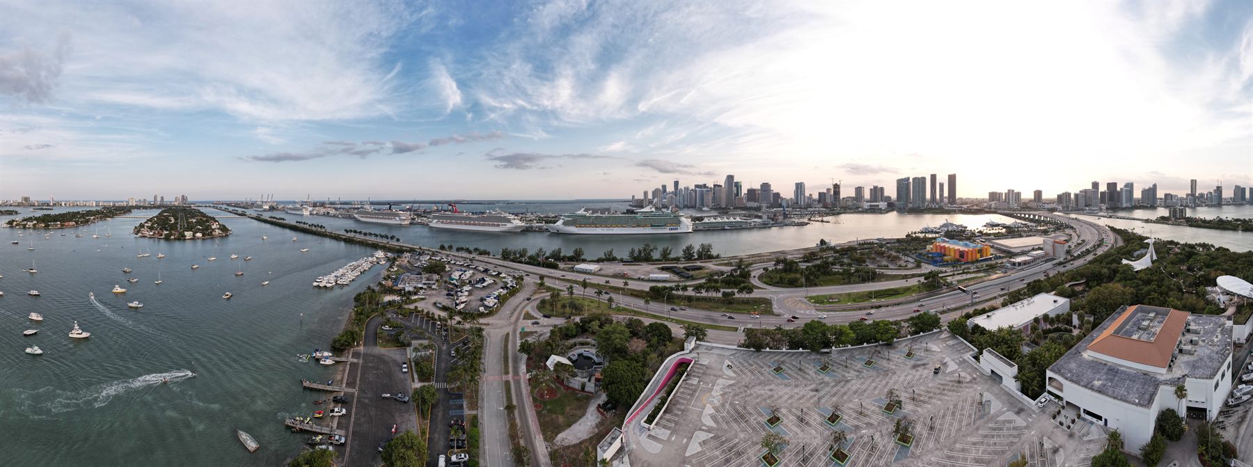 An aerial view of the Port of Miami and the downtown Miami skyline